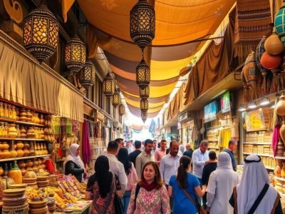 Kolorowe stragany z pamiątkami i kupujący na zakupach w Marsa Alam