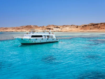 Tiran Island Boat Trip Sharm El Sheikh with tourists snorkeling over coral reefs in turquoise waters