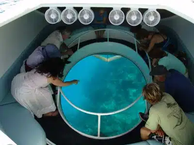Glass-bottom boat in the Red Sea showing corals and tropical fish