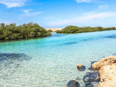 Ras Mohamed National Park guide showing coral reefs, turquoise waters, and desert mountains under sunny skies